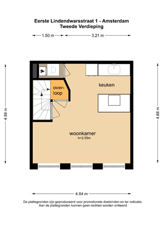 Plattegrond - Eerste Lindendwarsstraat 1H, 1015 LE Amsterdam - Eerste Lindendwarsstraat 1-1_ tweede verdieping.jpg